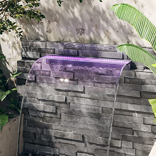 Gecheer Cascata per Laghetto con Luci LED RGB, Sfioratore a Cascata 90 cm in Acrilico Grigio e Trasparente, Ideale per Piscine e Giardini