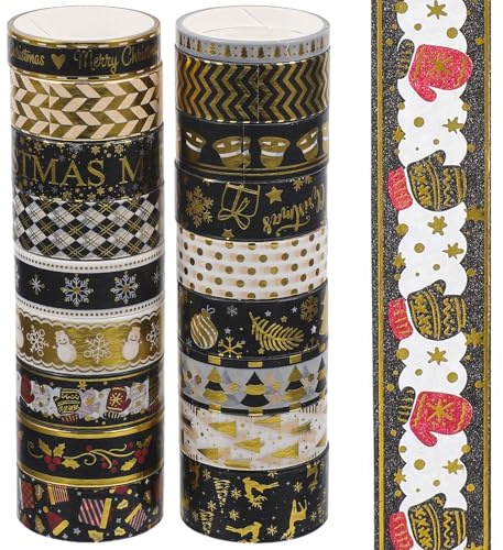 TEHAUX 18rollen Weihnachts Washi Tape Schwarz Goldene Dekoratives Klebeband Für Scrapbooking Bastelprojekte Und Geschenkverpackung Pro Rolle Teiliges