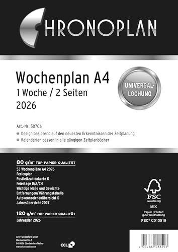 Chronoplan 50706 kalenderinlägg 2026 (veckoplanering A4 (210 x 297 mm) reservkalendarium för mötesplanerare, perfekt för detaljerad veckoplanering, 1 vecka på 2 sidor i kolumner, med universell hål