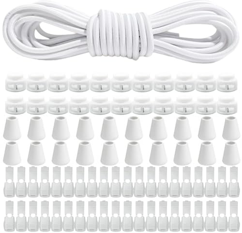 Elastische Gummischnur 10m X 3mm, Elastische Runde Schnur mit 40Pcs Reißverschluss Lock Cord, Elastische Gummiseil für Kordelzug Rucksack Bekleid Wäscheleinen Schnürsenkel, weiß