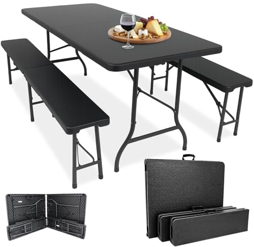 Devillo® Bierzeltgarnitur klappbar 3‑teilig – Tisch 180x74x72 cm + 2 Bänke 180x25x43 cm – Campingtisch, wetterfest & pflegeleicht, Anti‑Rutsch – mit Tragegriffen – für Camping, Garten – Anthrazit