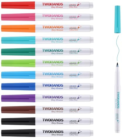 TWOHANDS Whiteboard Markers Dry Wipe Pennor Ultra fin spets, 0.7mm, Låg lukt, Extra fin punkt, 11 blandade färger, Dry Erase Markers för kontor eller planering Whiteboard, 12 räkningar, 20581