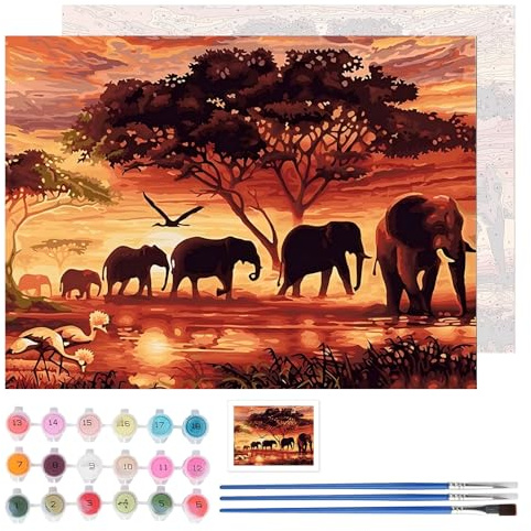 TLIOBLO éléphants Peinture par Numéros pour Adulte, DIY Animal Peinture pour Adultes Enfants Débutants Facile sur Toile avec Peintures et Pinceaux, Décor Maison Cadeaux 30x40cm