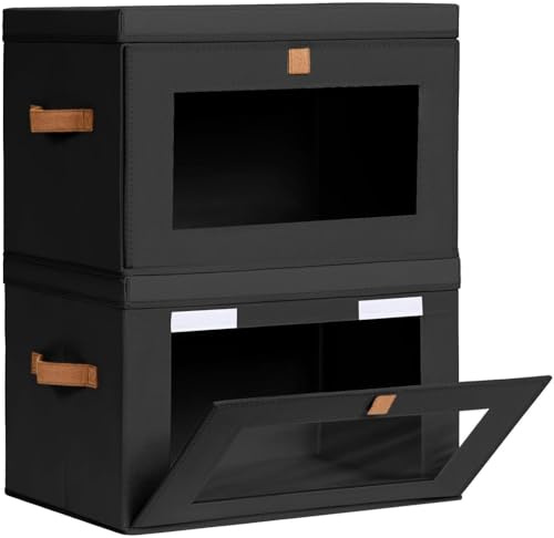 DIMJ Aufbewahrungsboxen mit Deckel Stoff - 2er Set Aufbewahrungskorb Stoff Faltbare Storage Boxes mit Transparentem Sichtfenster, 42 x 30 x 28 cm Faltbox für Kleidung, Waschbare, Schwarz