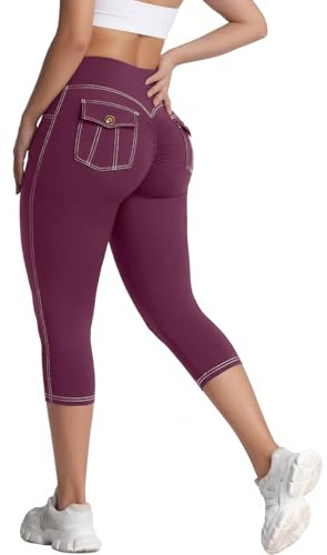 STARBILD Leggings Capri da Donna Scrunch Push Up, Pantaloni Sportivi a Tre Quarti con Tasche, Capri a Vita Alta 7/8 per Yoga Allenamento Palestra, Viola S