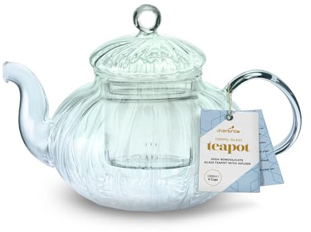 Charbrew 1000ml Borosilicate Glass Teapot with Infuser - Ribbed Design - for Loose Leaf Tea, Teabags & Blooming Tea - Serves 5 Cups (Green & Blue)