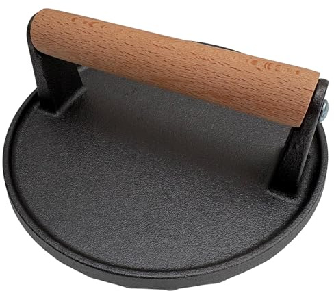 Thorness 𝗛𝗘𝗔𝗩𝗬 𝗗𝗨𝗧𝗬 𝗖𝗔𝗦𝗧 𝗜𝗥𝗢𝗡 𝗦𝗧𝗘𝗔𝗞 𝗣𝗥𝗘𝗦𝗦: 17cm (7in) Non-Stick Round Grill Press | Wooden Handle for Burgers, Bacon & Steaks | Flat Top Griddle | BBQ Meat Press