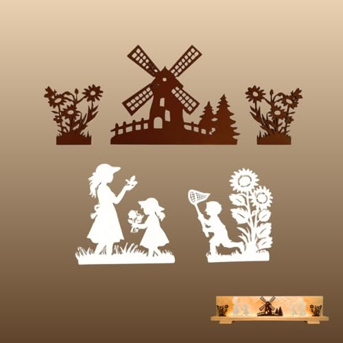 weigla - Figurenset 5 TLG. original Erzgebirge I Motiv Sommeridylle weiß/braun I Figurenset für Dekosockel I austauschbare Dekofiguren für Ganzjahresdekoration I Windmühle, Blumen & Kinder