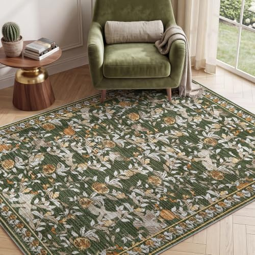 TOPICK Rug for Living Room 120x170, Green Vintage Floral Washable Carpet | Cashmere Texture Stain Resistant Non-Slip Rugs, Bird Printed Rug for Bedroom, Dining Room, Lightweight & Non-Shedding