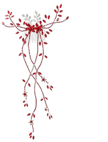 Wedding Hair Accessory Rhinestone Hair Vine Comb with Leaf & Tassel, Red, 7x12