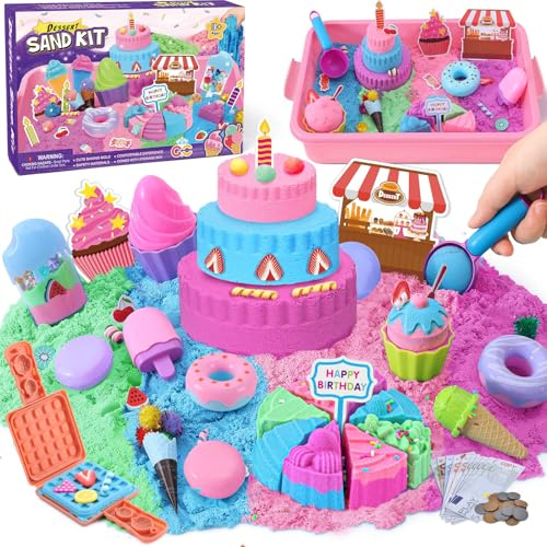 vamei Postre Arena Magica Set – 900g Arena Cinetica 4 Colores con Sandbox | Molde Torta, Dinero Juguete & Helado - Juguetes Sensoriales Cumpleaños Regalo para Niña Niño 3 4 5 6 7 8 9 Años