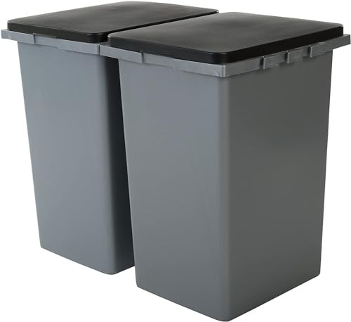 Iris Ohyama, Rechteckiger Abfalleimer aus Kunststoff mit Push-Verschluss und Aufklebern für die Mülltrennung, 2er-Set, 45 L, Küche, Büro, Garage - Recycling Bin RP-4 - Grau
