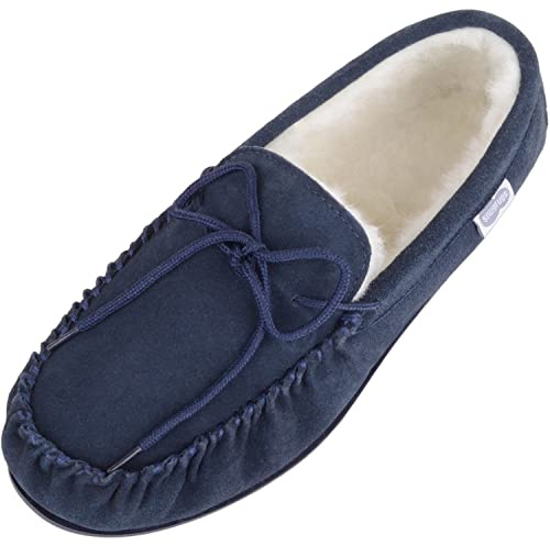 SNUGRUGS - Mocasines de ante de lana de cordero y suela de goma para hombre, color Azul, talla 48 EU