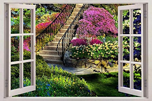 Finestra con effetto 3D Vista Giardino Finestre finte Adesivi da parete Finestre finte rimovibili Decalcomania da muro 60x90cm