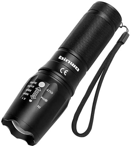 BINWO New Version 2500Lumen Extrem Hell LED Taschenlampe 5 Lichtmodi, Zoombar Taktische Wasserdicht Torch für Outdoor/Angeln/Wandern/Notfäll/Camping