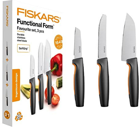 Fiskars Küchenmesser-Set, 3-teilig, Functional Form, Inklusive Kochmesser (klein), Tomatenmesser, Schälmesser, Japanischer Edelstahl/Kunststoff, 1057556, Schwarz / Orange