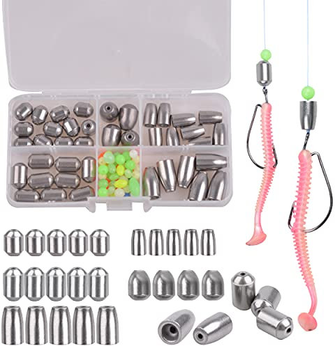 Fishing Iron Sinker Weights-70pcs Hollow Bullet Worm Sinker Weights with Beads Available in 3.5g 5g 7g Fishing Tackle Tools Outdoor Saltwater Freshwater