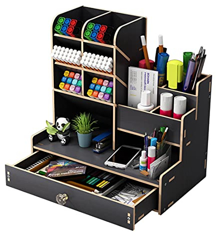 Vikmyer Holz Bleistifthalter, Schreibtisch Organizer Multifunktions Desktop Schreibwaren Stifthalter Box für Home Office Schulbedarf Lagerregal mit Schublade