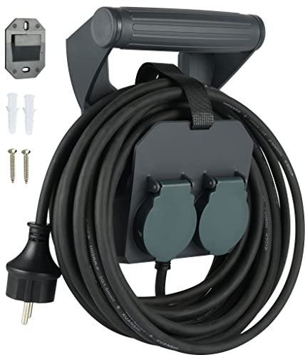 Electraline 01676 Prolunga elttrica Professionale 10M, IP44, 2 prese Schuko con tappi a chiusura automatica, Maniglia ergonomica con Avvolgi Prolunga, Avvolgicavo, Cavo H05RR-F 3G1.5 IP44, Nero