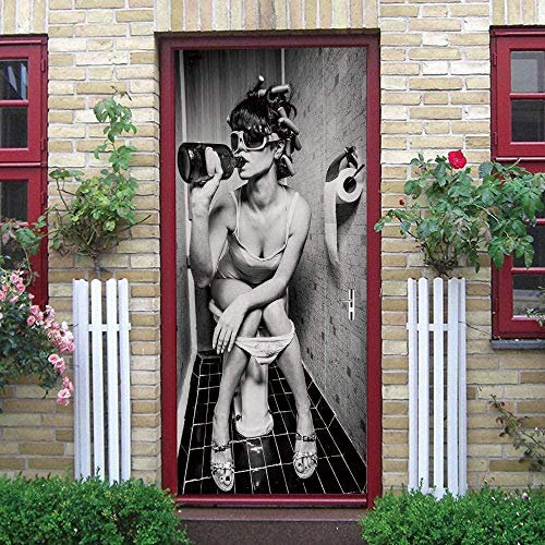 YUANSH 3D Türaufkleber Türtapete Selbstklebend Türposter Weiblicher Toilettenwein Schwarz Und Weiß 77X200Cm Fototapete Türfolie Wasserdichte Abnehmbare Pvc Türtapete Innentür Schlafzimmer Küche Bad H