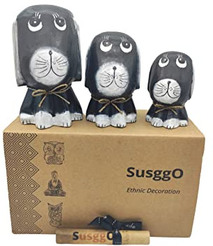 SusggO Set 3 Hundefiguren aus Holz - Dekorativer Hund - Hundefigur Hundedekoration - Miniaturhunde - Hündchen - Basteln - Heimdekoration - Heimdekorationsidee - Möbeldekorationsidee (Schwarz Mod 1)