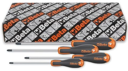 Beta 1209E/PZ‑S4 – Set 4 Giraviti Evox Pozidriv®/Supadriv®, Acciaio Cromato con Punte Nere, Impugnatura Bi‑materiale Ergonomica, Misure PZ0–PZ3