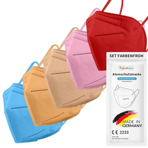TubeRoo FFP2 Maske Bunt Farbig Set Farbenfroh 5 Farben 50 Stück Masken aus Deutschland, Made in Germany, Atemschutzmaske, Mundschutz, Schutzmaske, Staubmaske, Feinstaubmaske