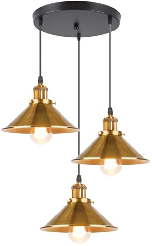 iDEGU 3 Luces Lámpara Colgante Vintage Lámpara de Techo Industrial E27 Iluminación Colgante de Interior de Metal Lámparas de Araña para Comedor, Salon, Cocina, Dormitorio, Café (Dorado, Redondo)