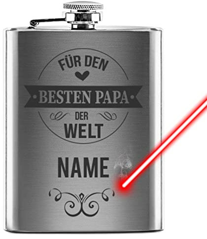 PR Print Royal Flachmann mit Gravur aus Edelstahl selbst gestalten - mit Name gravieren - Geschenkidee für den besten Papa - Praktische Taschengröße | Silber, 225 ml, Lasergravur
