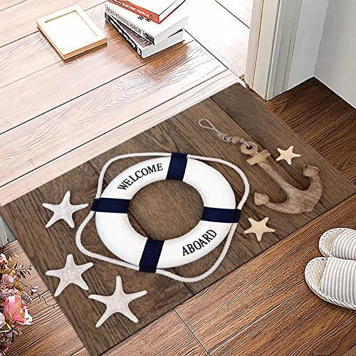 Badematte 50x80cm, Rutschfeste Badteppich, Anker, Rettungsring Anker Seestern Muscheln über alte Eiche Hintergrund Marine,Mikrofaser Badvorleger mit, Wasserabsorbierende Weiche teppiche für Badezimmer
