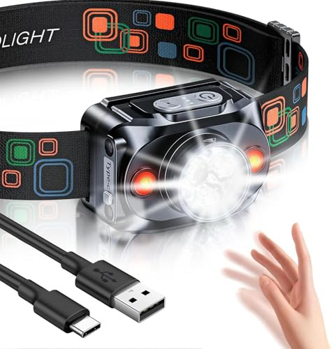 Rolgno Head Torch Rechargeable, [Ultra Bright] LED Headlamp with Motion Sensor, 6 Lighting Modes & IPX4 Waterproof Headlight, 2000mAh Battery Long Runtime for Camping, Fishing, Hiking, Night Running