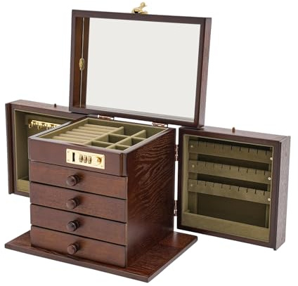 banborba Antike Schmuckkästchen mit Schloss, Schmuckkästchen aus Holz für Frauen, 5 Schichten Schmuckschatulle Schmuckkoffer mit Spiegel für Schmuck, Halsketten, Ringe