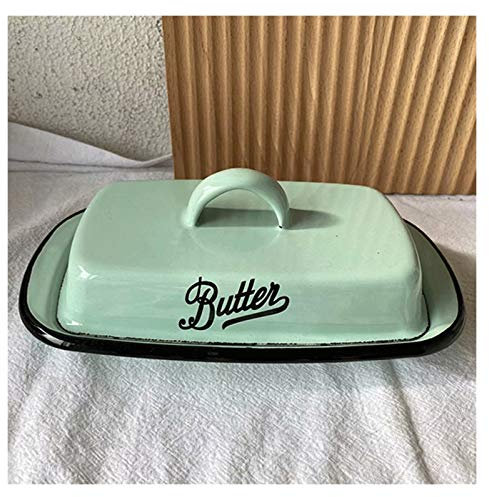 TRoki Plato de Mantequilla esmaltado Verde Recipiente de Mantequilla Estilo Vintage con Tapa para bocadillos, Queso y más