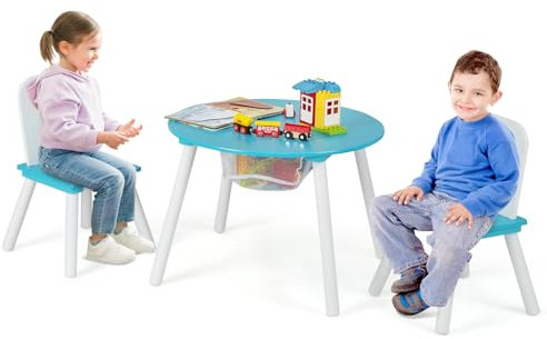 GOPLUS Kindertisch mit 2 Stühlen, Kindertisch mit Netztasche, Sitzgruppe für Kleinkinder &Mädchen & Jungs, Kindermöbel-Set aus Holz, Holztisch zum Spielen & Essen & Lernen (Grün)