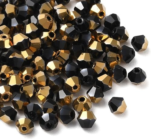 Perlin Preciosa Lot de 40 perles tchèques, en cristal de Bohême, 4 mm, double cône, en verre taillé, noir, doré AB