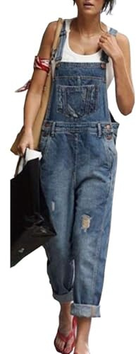 CAIYLAI Salopette da donna casual in jeans con buchi, tuta da donna senza maniche, in denim, pantaloni con cinturino e tasche, Blu, S/3XL