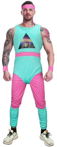 LIKUNGOU 80er Jahre Trainings Kostüm Herren Workout Kostüme 80er Jahre Blauer Trikot Rosa Leggings Beinwärmer Schweißbänder Halloween Fancy Dress Outfit (XL)