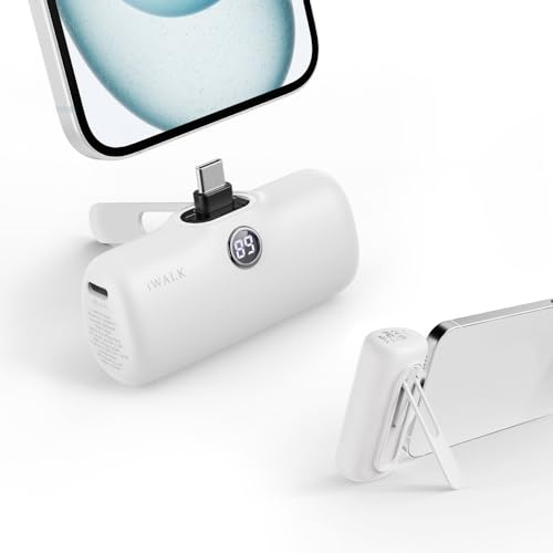 iWALK Powerbank USB-C 5000 mAh, 20 W, Carga rápida, portátil, con Soporte, pequeña batería Externa, Pantalla LCD, Compatible con iPhone 17/16/15 Plus/Pro/Pro MAX, Samsung, Color Blanco