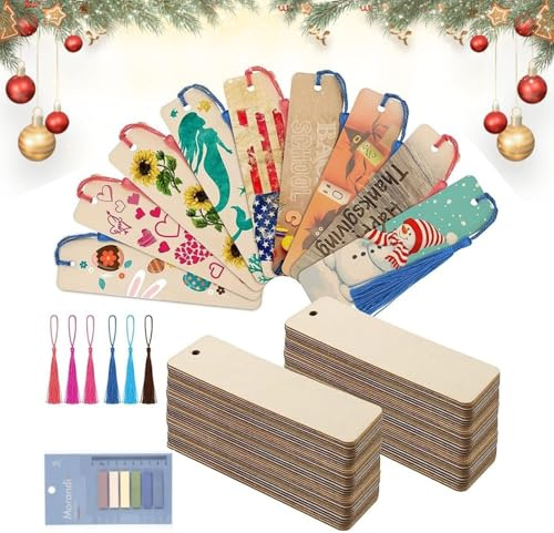 20 Stück Leeres Bookmark mit Löchern, Holz Blanko Lesezeichen Set, Lesezeichen aus Holz mit Quaste, Quasten-Lesezeichens mit 20 Stück Bunten Quasten und 1200 Blatt Haftnotizen Klebezettel