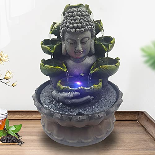 Zimmerbrunnen Buddha Decor Waterscape Brunnen - Zen-Dekor Wasser fließt auf 3 Ebenen Feng Shui Wohn Raum Dekoration mit 4-Farbigem RGB LED für Meditation & Entspannung 2w 220V