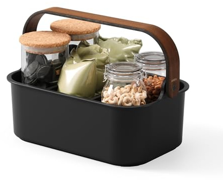 Umbra Bellwood Stackable Bin, 11 x 7 Durable Lightweight Container with Wooden Handle and Removable Dividers, Black/Walnut
