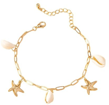 QKEPCY Muschelkette für Damen Mädchen Natürliche Muschelketten mit Gold-Seestern-Anhänger Boho Muschel Halskette Sommer Strand Schmuck