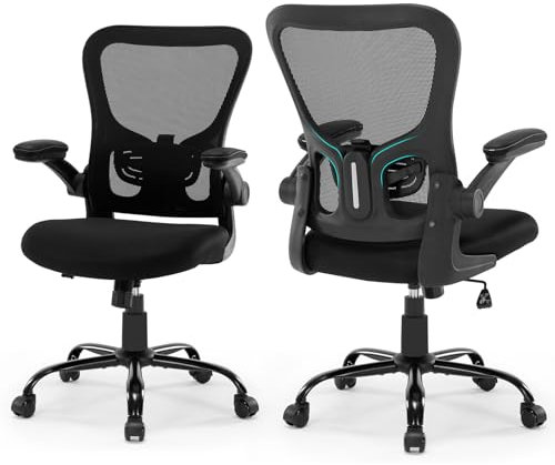 Luckyear Bürostuhl, Bürosessel Klappbaren Armlehnen, Schreibtischstuhl mit Verstellbarer Lendenwirbelstütze und Rollen, Chefsessel, Computerstuhl PC Stuhl, Mesh Ergonomischer Drehstuhl Arbeitsstuhl