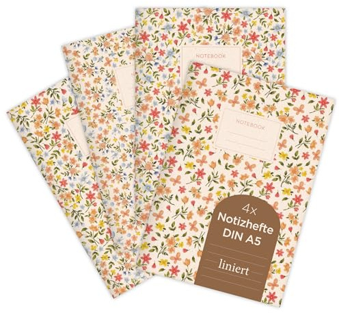 etmamu 1070 4er-Set Notizheft A5 | Summer Bloom Blumen Muster | für Notizen, Skizzen, Bullet Journal & Planungen | Liniert