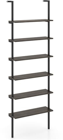 COSTWAY 6-Tier Ladder Shelf, Industrial Wall Bookcase Shelving Unit Display Rack, Metal Frame Wooden Wall Mounted Bookshelf Tall Storage Shelves for Living Room Bedroom Office, 183cm (Grey Oak)