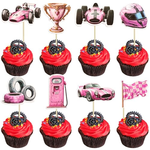 Gyufise 36Pcs Race Car Cupcake Toppers Racing Car Party Cake Decorations for Race Car Theme Baby Shower Birthday Party Decoration Supplies Pink