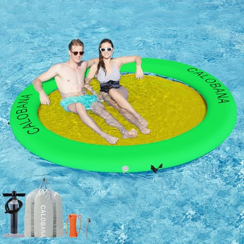 CALOBANA 8ft Heavy Duty Water Hammock, Round Inflatable Dock River Floats Lake Raft Island Platform for Adults Outdoor Party Tanning Pool, Green & Yellow