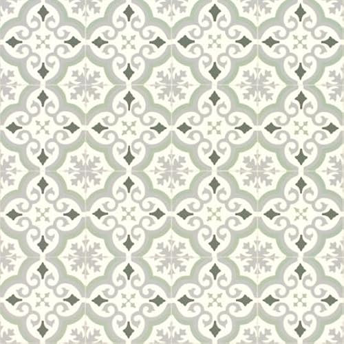 Sol Vinyle Textile économique - Effet Carreaux de Ciment arabesques - Vert et Gris - Rouleau de 2m x 2m