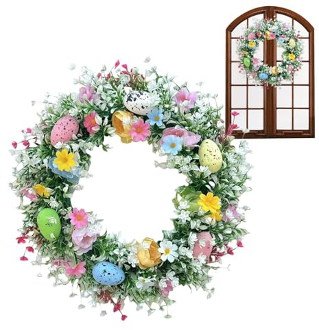 Ghirlanda di uova di Pasqua 35 cm, ghirlanda pasquale primaverile per porta d'ingresso, ghirlanda pasquale artificiale con uova e fiori colorati, decorazione primaverile pasquale per parete, porta,