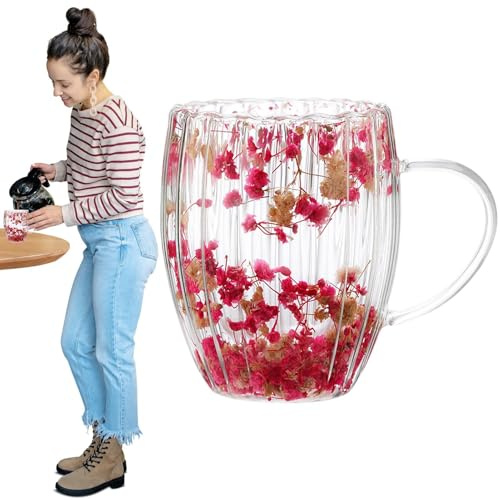 Jubepk Lot de 2 tasses à café transparentes à double paroi avec motif fleurs séchées - 300 ml - Avec poignée - Idéales pour les boissons chaudes et froides